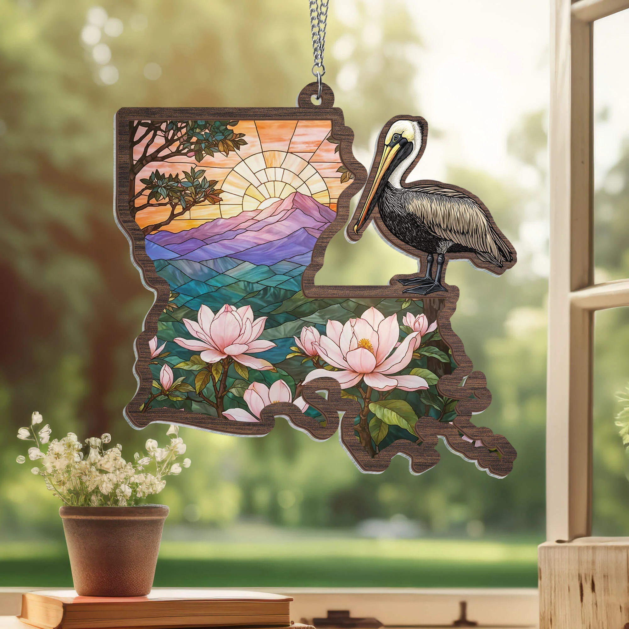 Louisiana State Brown Pelican Bird and Loon Magnolia Flower 2 Layered Hanging Suncatcher TPT2163WHv1