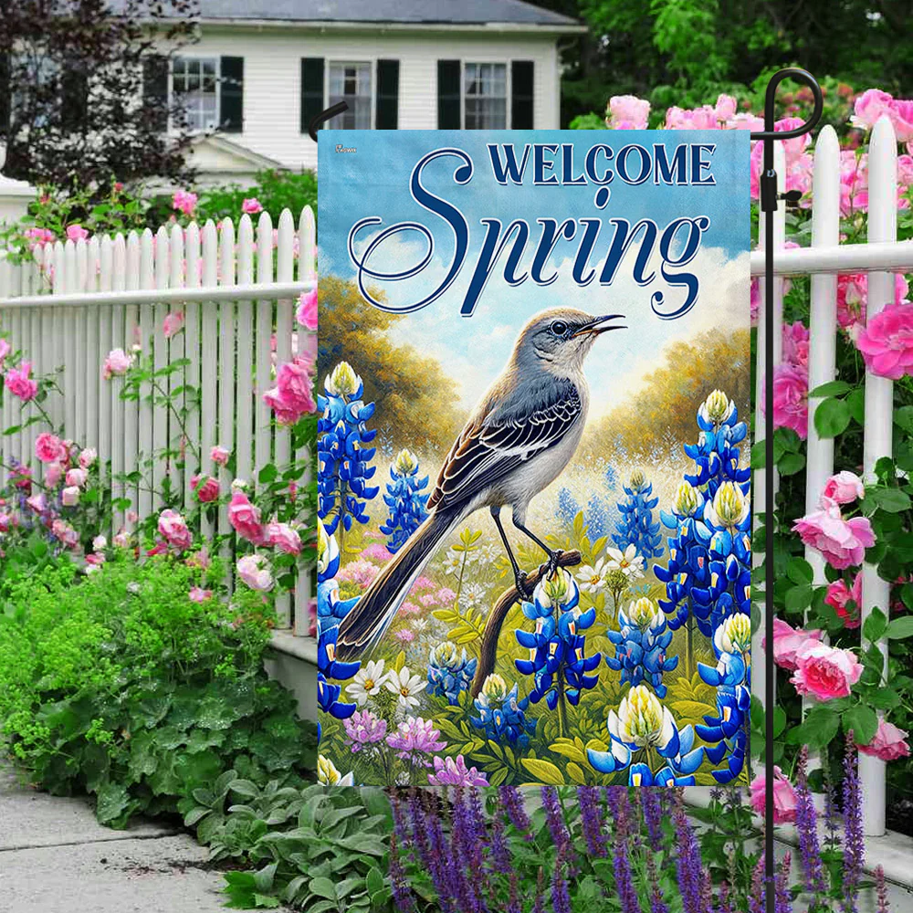 Bimipi Texas Welcome Spring Northern Mockingbird and  Bluebonnet Flag