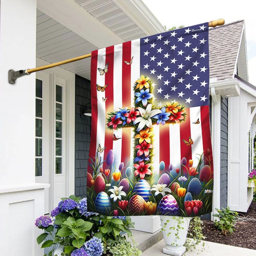 Happy Easter Day, Christian Cross American Flag