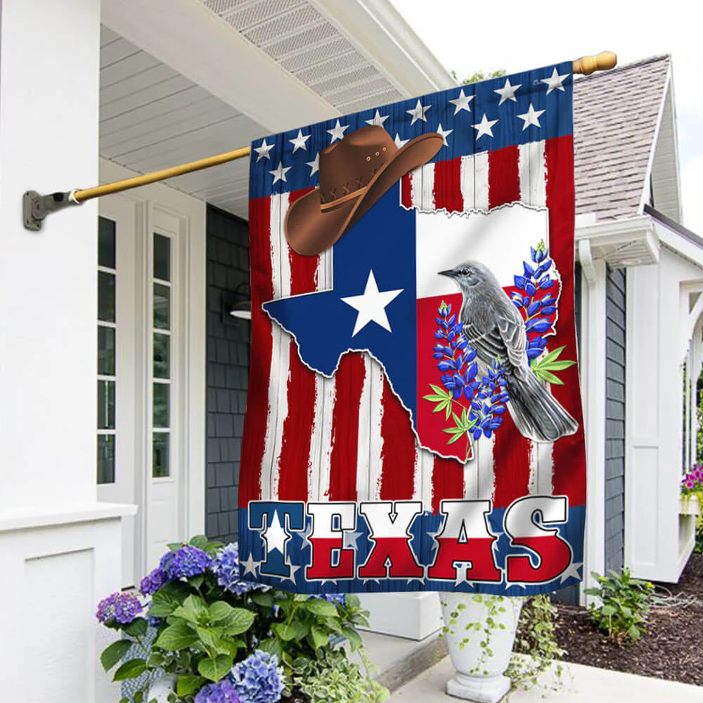 Texas Bluebonnet and Mockingbird American Flag