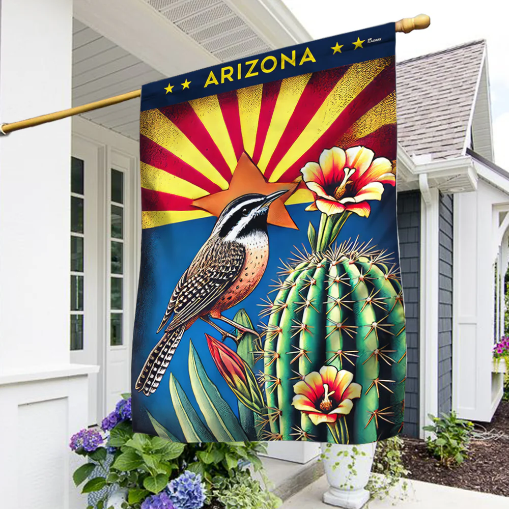 Arizona Cactus Wren and Saguaro Cactus Blossom Flag