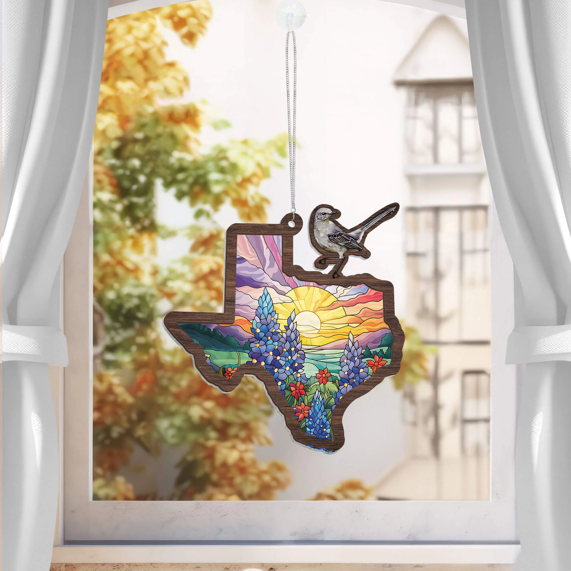 Texas with Northern Mockingbird and Bluebonnet, Texas 2 Layered Hanging Suncatcher