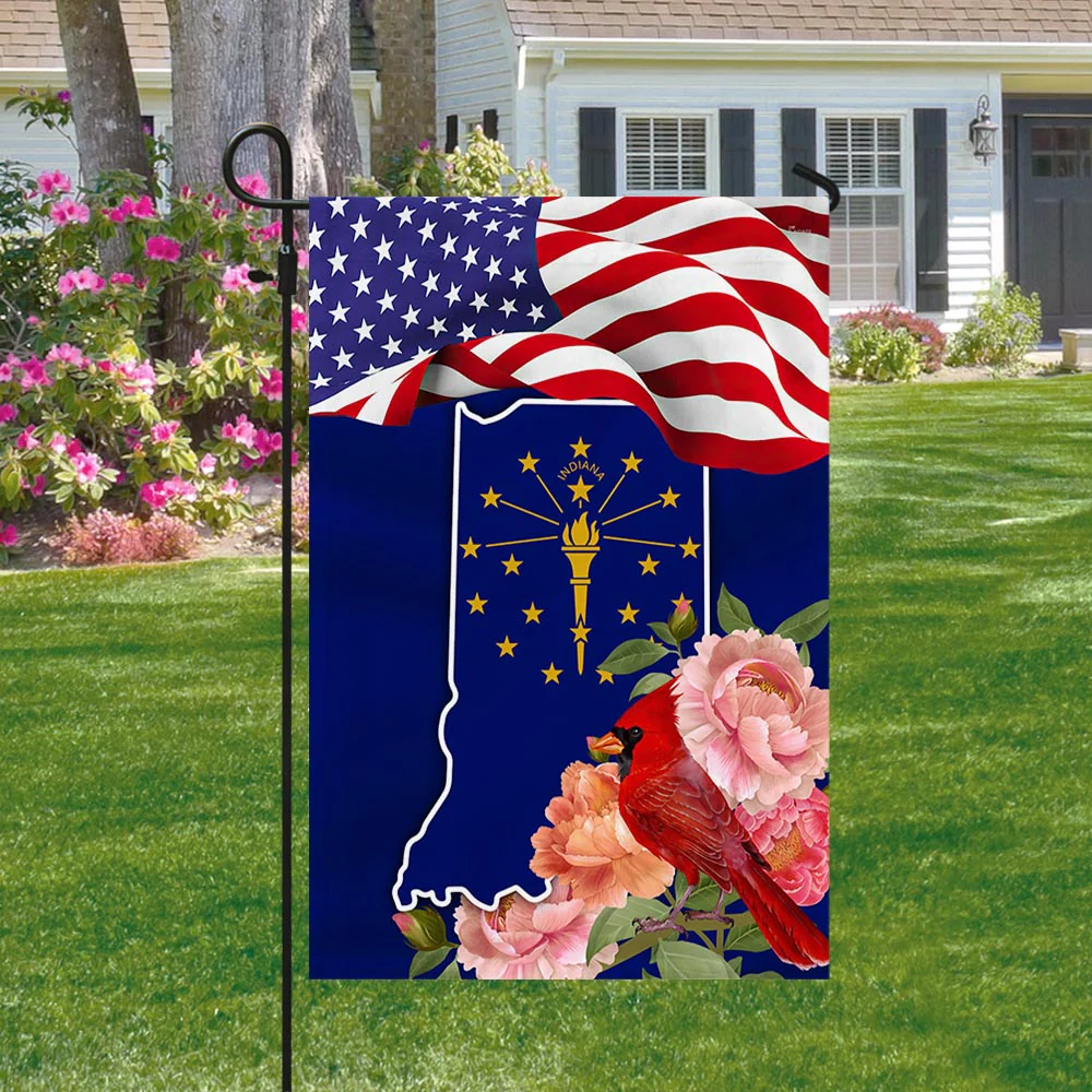 Indiana State with Cardinal and Peony Flower Indiana Flag TPT775Fv7