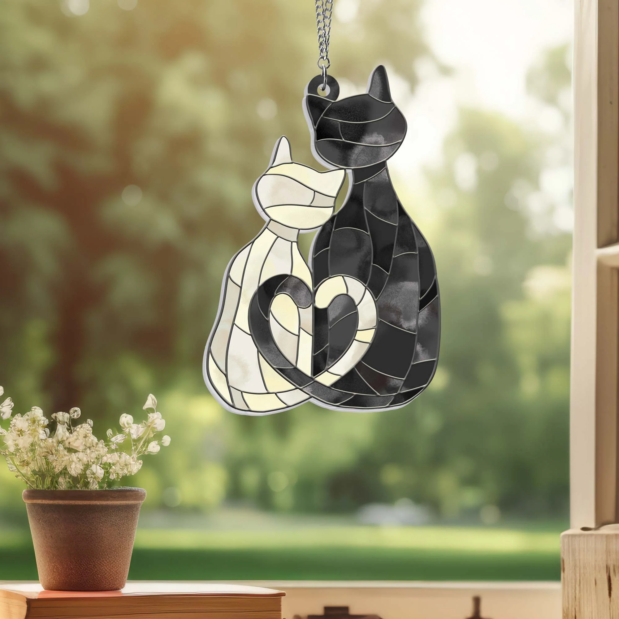 Cat Couple Suncatcher, Cat Love Valentine Day Acrylic Hanging Sign Decor