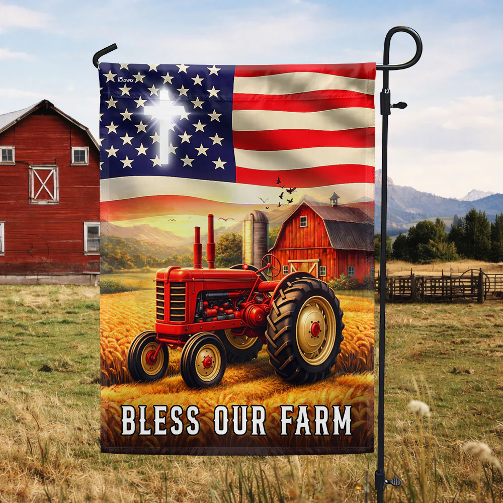 Patriotic Bless Our Farm Outdoor Flag, Tractor Red Barn American Flag