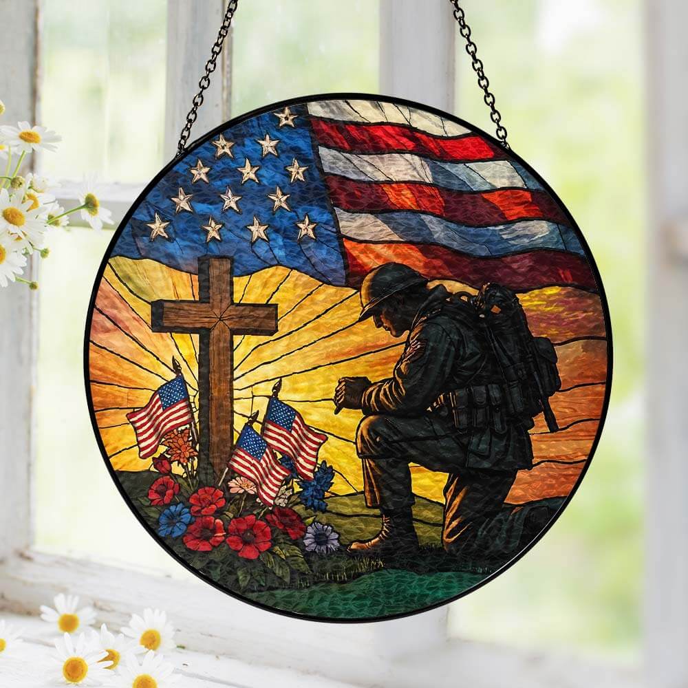 Patriotic Kneeling Soldier Memorial Day Veteran Day Stained Glass Suncatcher