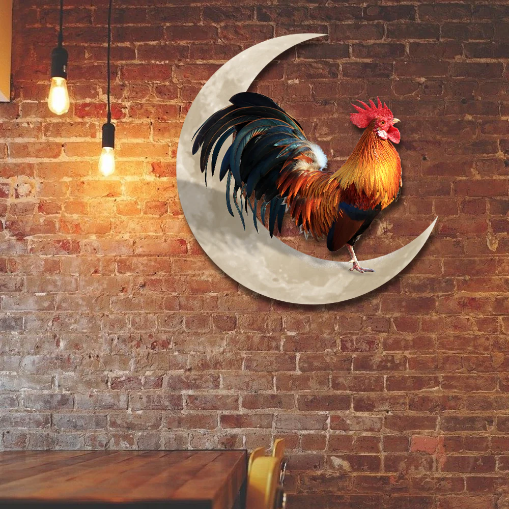 Rooster And Moon Hanging Metal Sign, Farm Flag For Decor