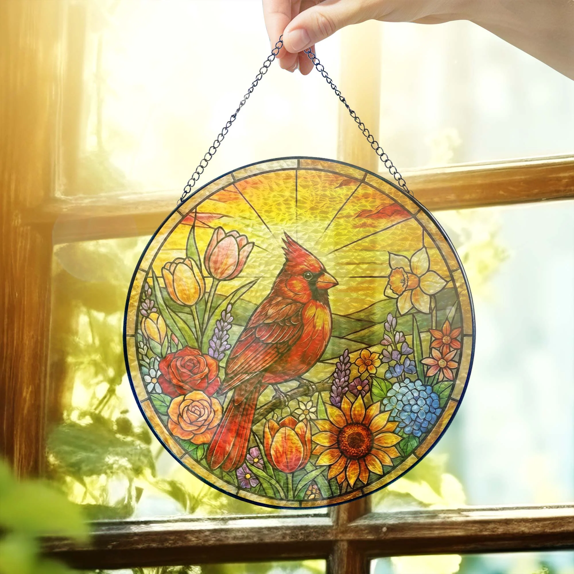 Red Cardinal Spring Suncatcher, Cardinal And Sunflower Stained Glass Decor