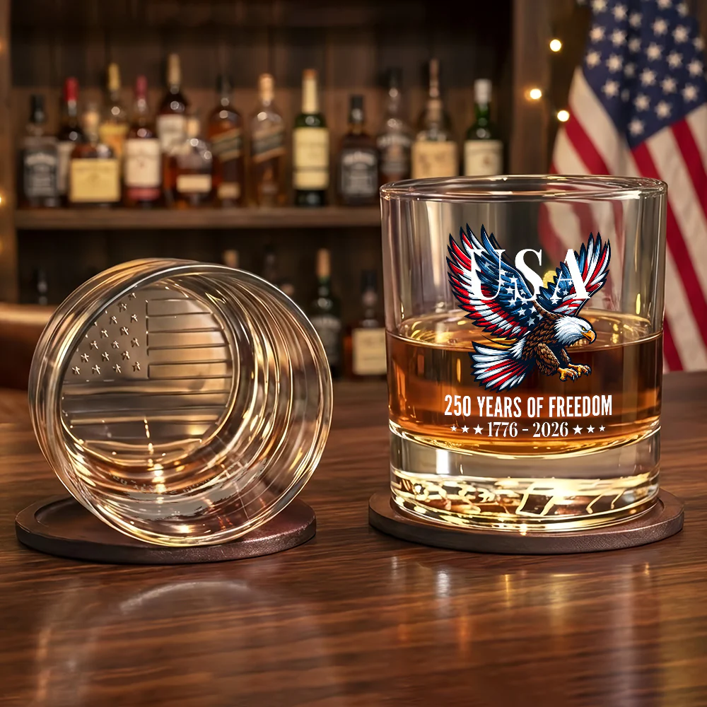 250 Years of Freedom American Printed Whiskey Glass for Patriotic Gift