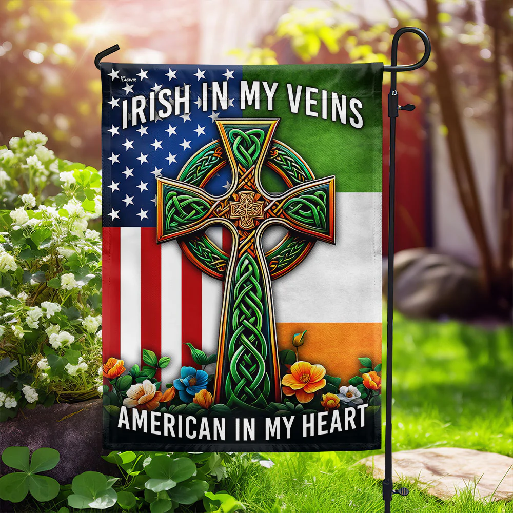 Bimipi  Irish Celtic Knot Cross Flag Irish In My Veins American In My Heart Flag