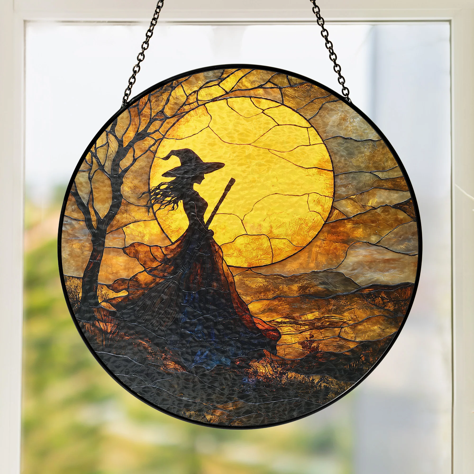 Halloween Witch Stained Glass Suncatcher – Handmade Colorful Window Decor, Ideal Spooky Gift for Witchcraft Fans