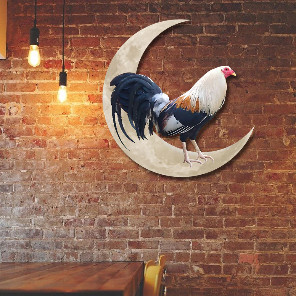 Rooster On The Moon Hanging Metal Sign, Farm Wall Art