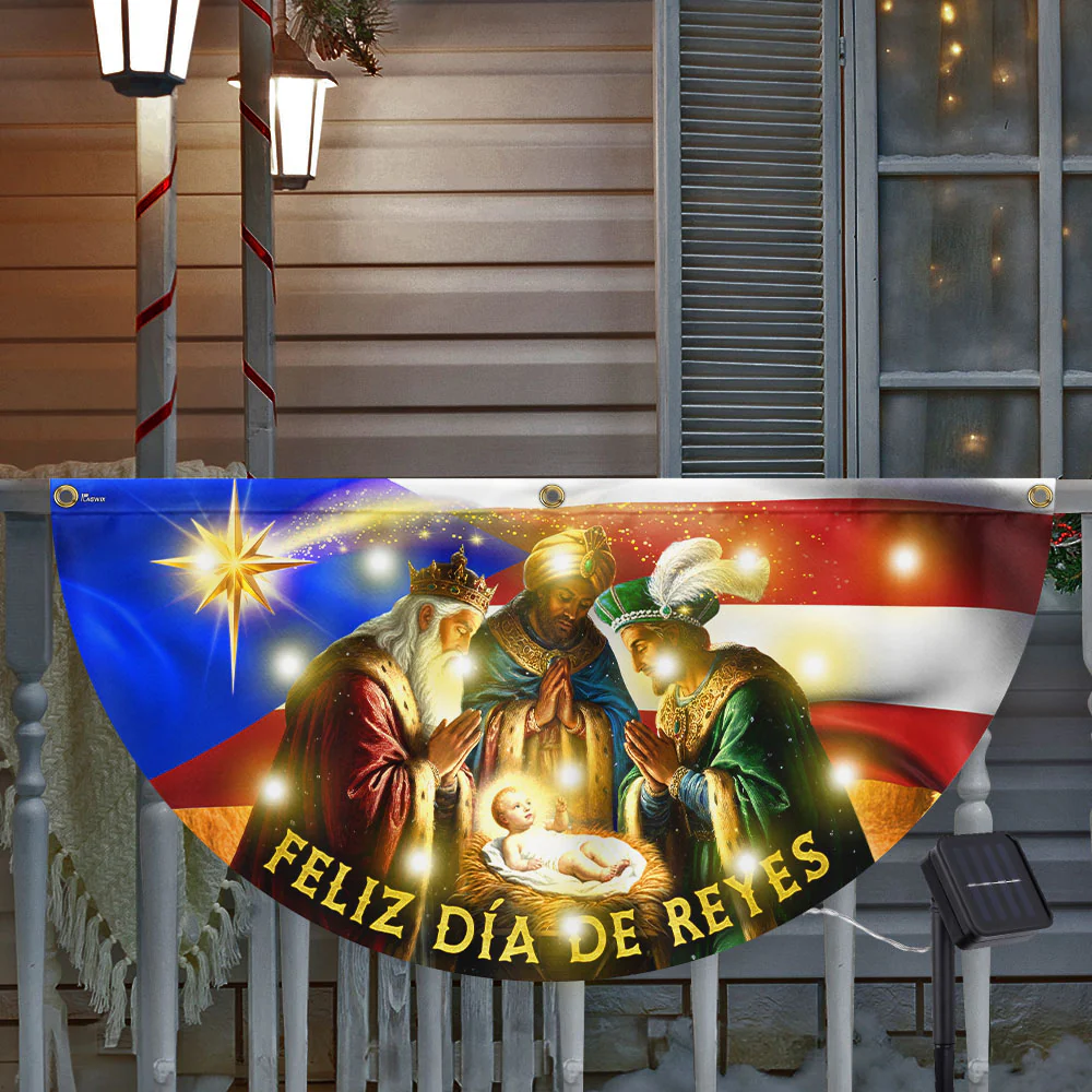 Feliz Día De Reyes Flag | Nativity Puerto Rico Solar Led Fan Flag