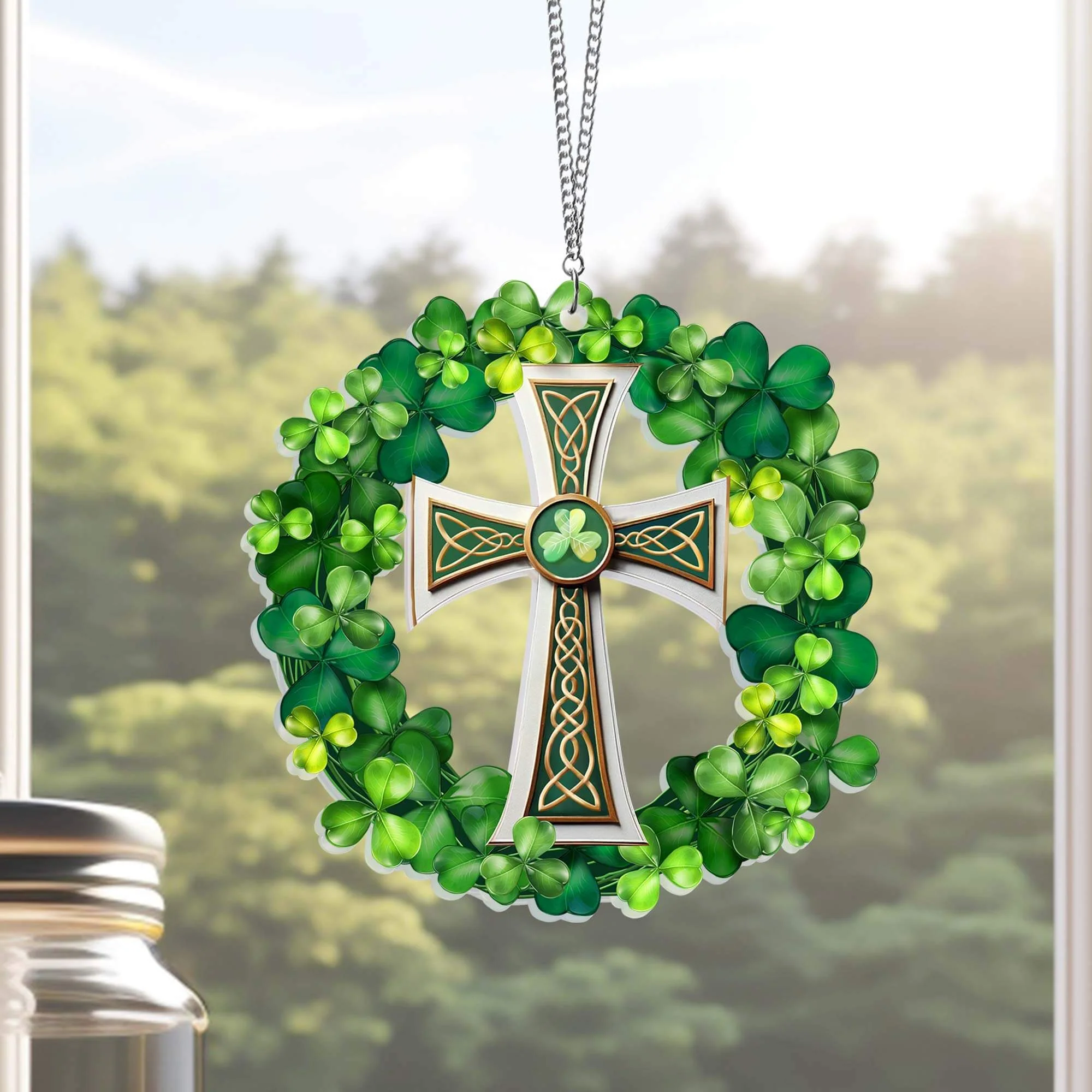 Christian Celtic Cross with Shamrock, Irish St. Patrick’s Day Suncatcher Acrylic Hanging