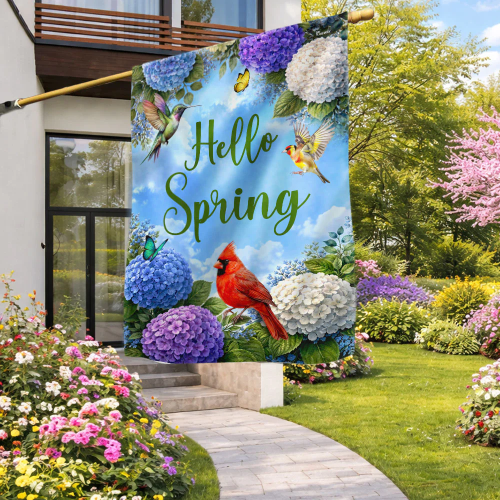 Hello Spring Hummingbird Cardinal Flag, Floral Seasonal Spring Decor