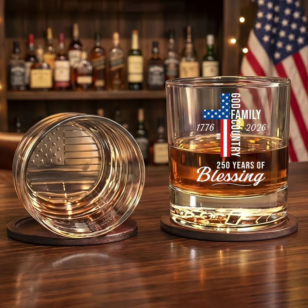 250 Years Blessed 1776 2026 Printed American Whiskey Glass Patriotic Gift