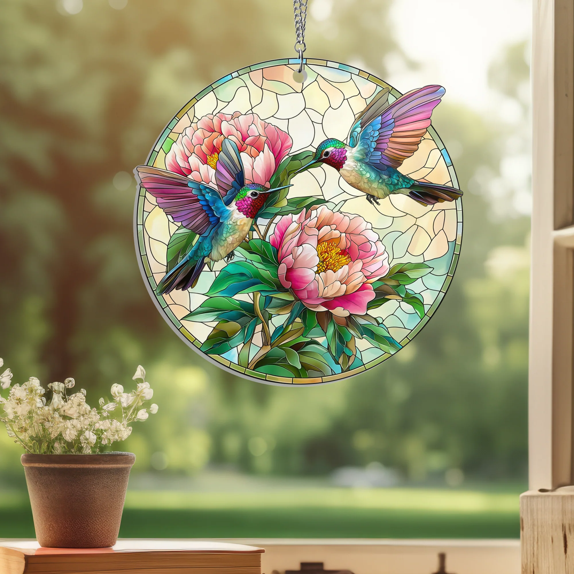 Hummingbird Couple and Peony Acrylic Suncatcher Hanging Sign