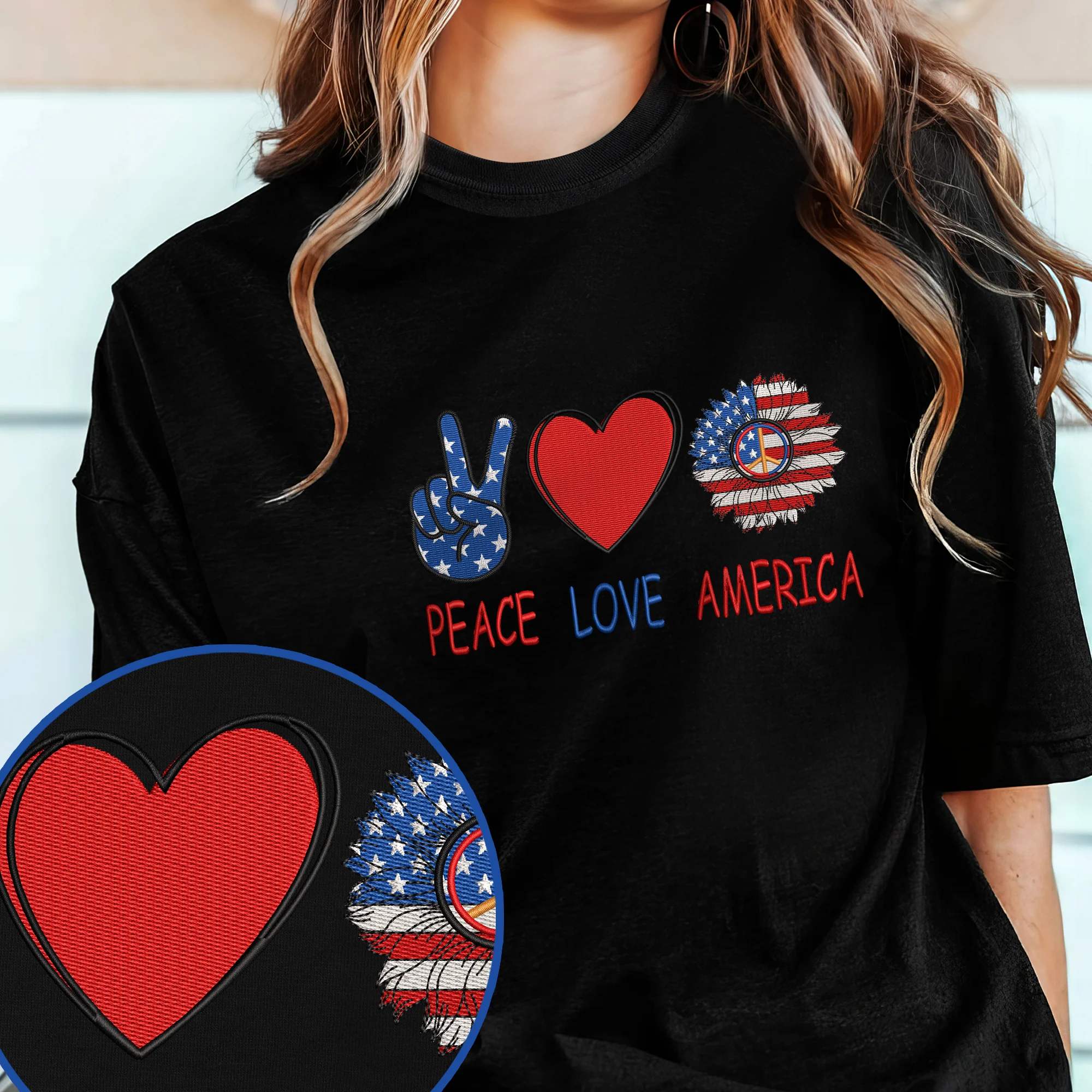 Happy 4th of july, Hippie Peace Love America Embroidered T-Shirt
