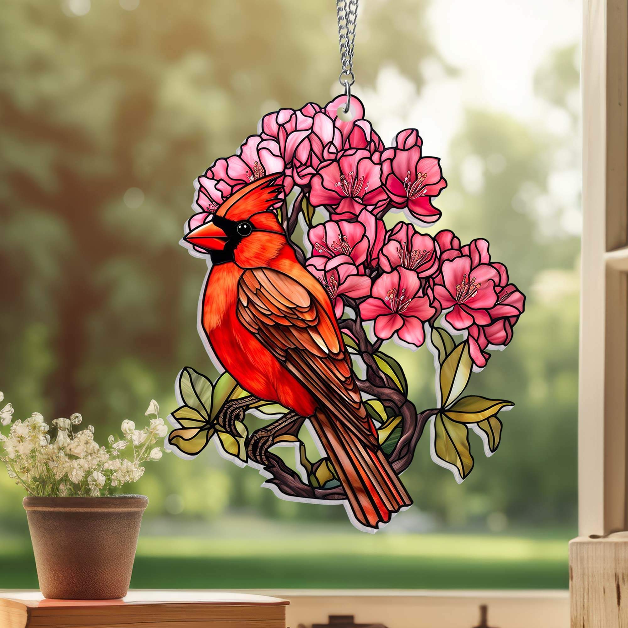Cardinal and Rhododendron Flower Acrylic Suncatcher Hanging
