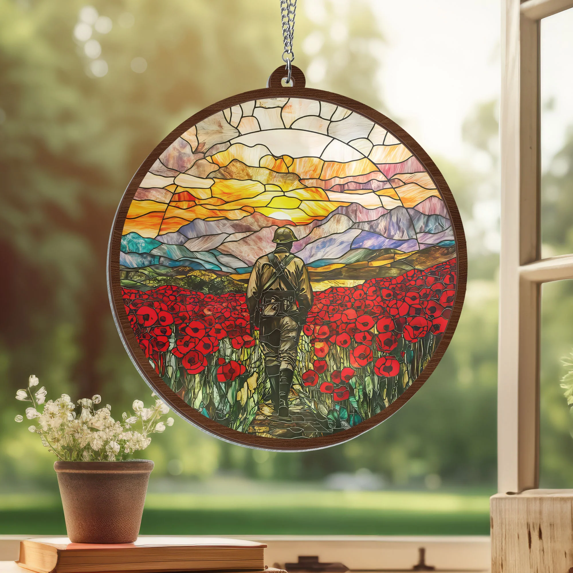 Veterans Soldier Memorial With Red Flowers 2 Layered Hanging Suncatcher