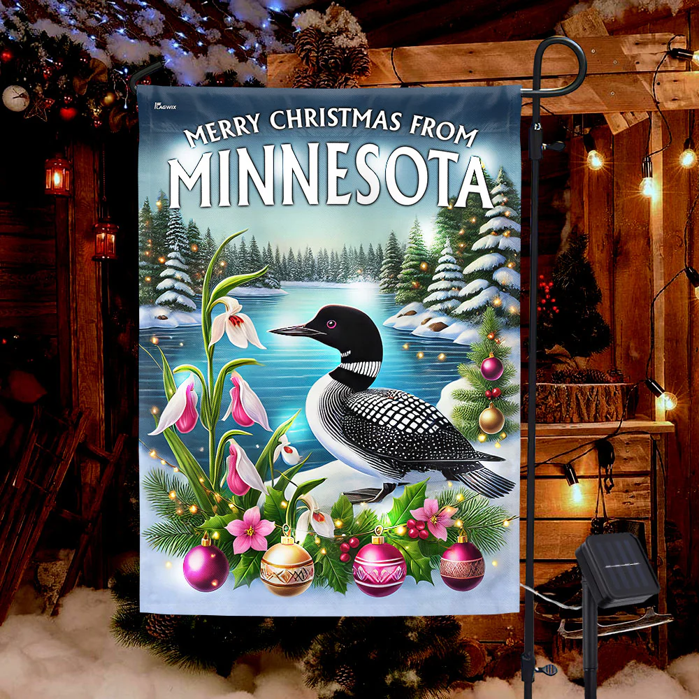 Minnesota Christmas Common Loon and Lady's Slipper Solar LED Garden Flag