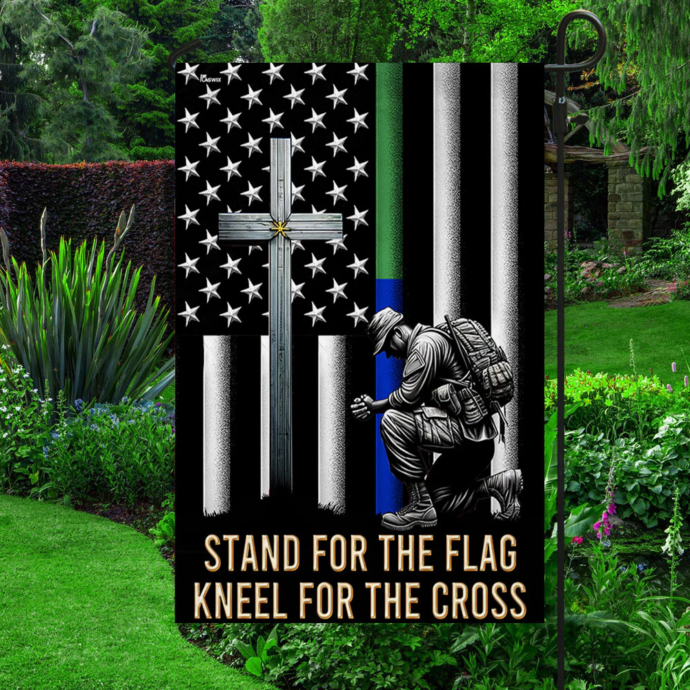 Bimipi  Veteran Kneeling Christ Cross Thin Green & Blue Line American Flag MLN2286Fv1