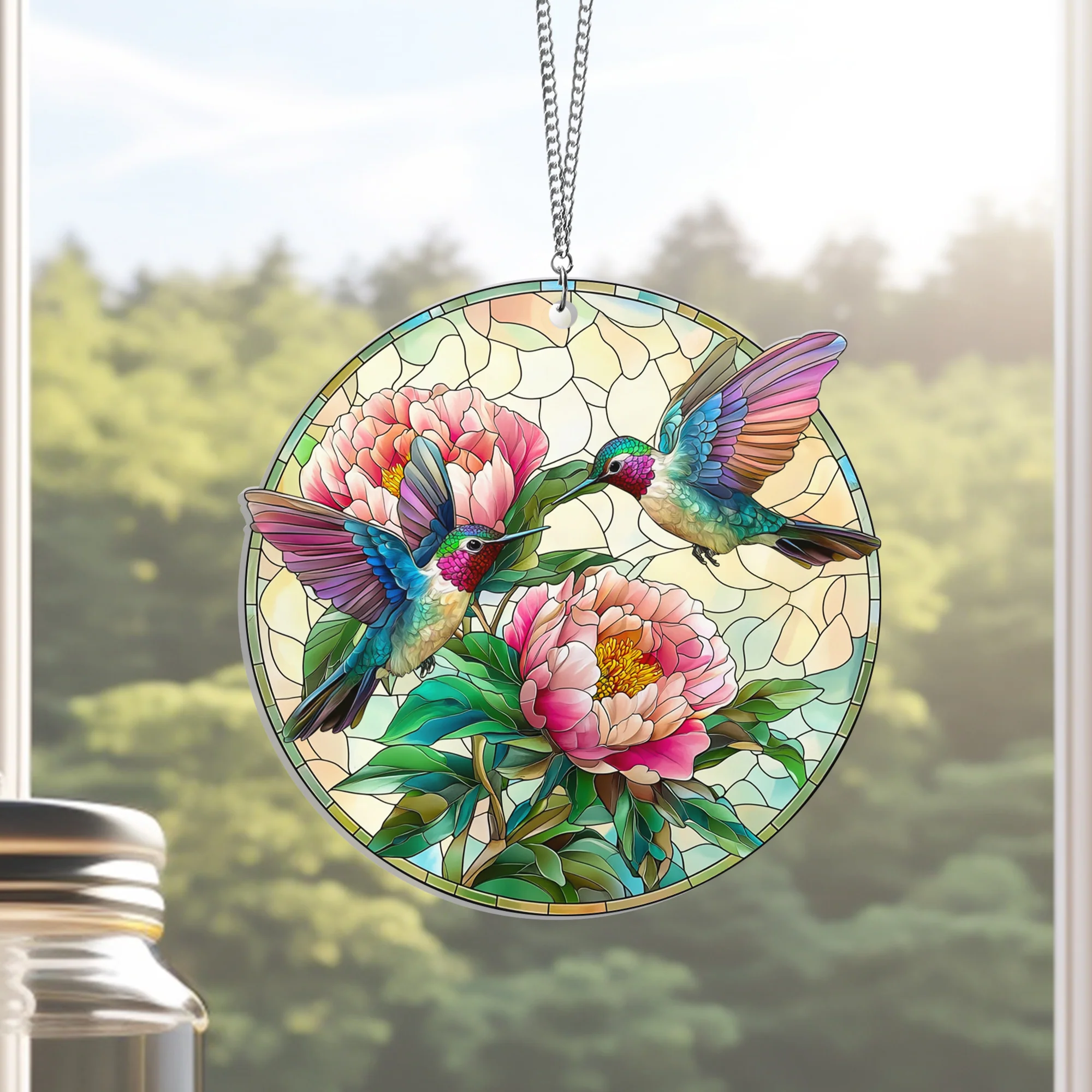 Hummingbird Couple and Peony Acrylic Suncatcher Hanging Sign