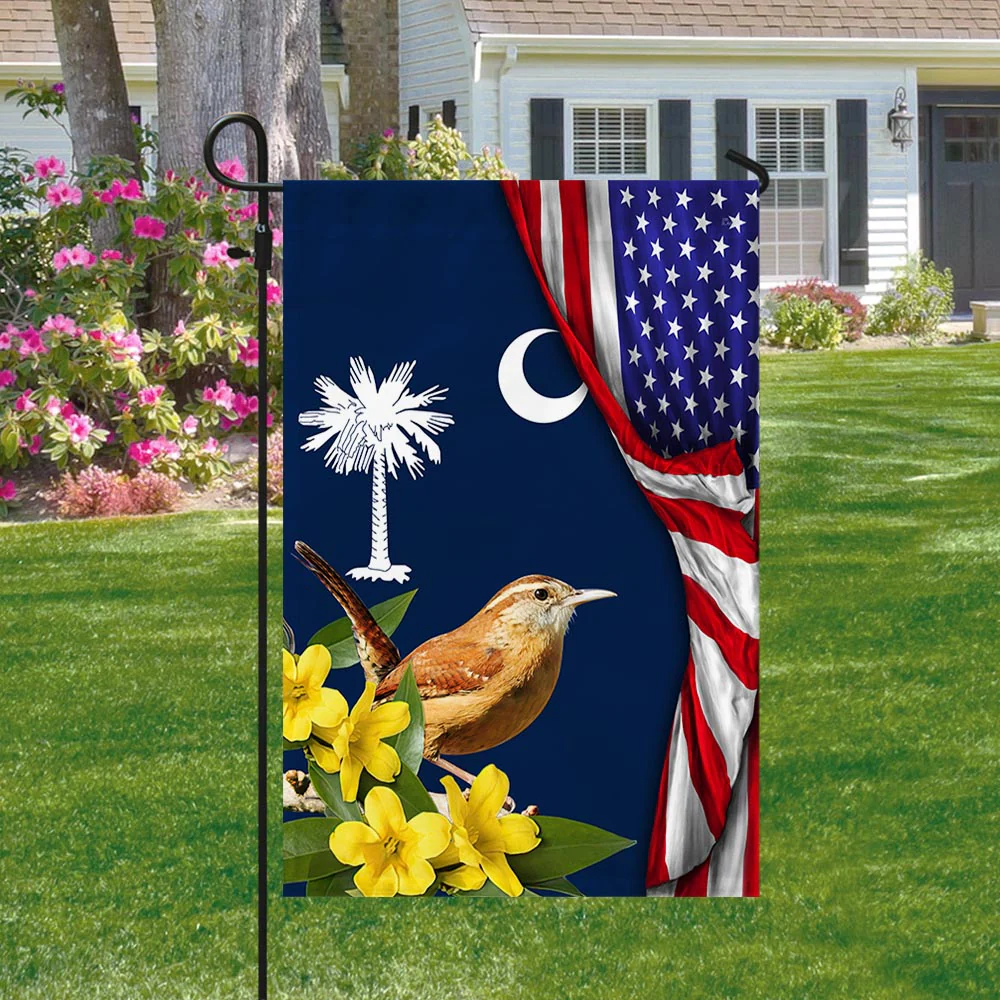 Bimipi American Flag - Carolina Wren Bird and Yellow Jessamine Flower, South Carolina American Flag TPT928Fv2