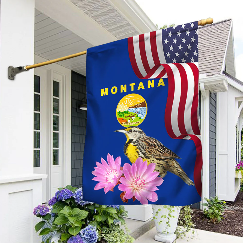 Montana State Meadowlark Bird and Bitterroot Flower Flag MLN1141Fv18