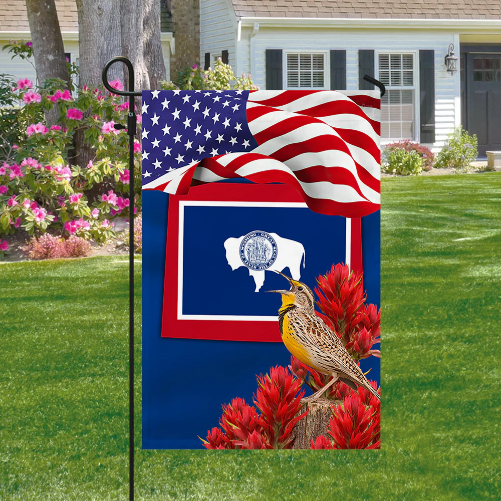 Wyoming State with Meadowlark Bird and Indian Paintbrush Flower American Flag TPT775Fv10