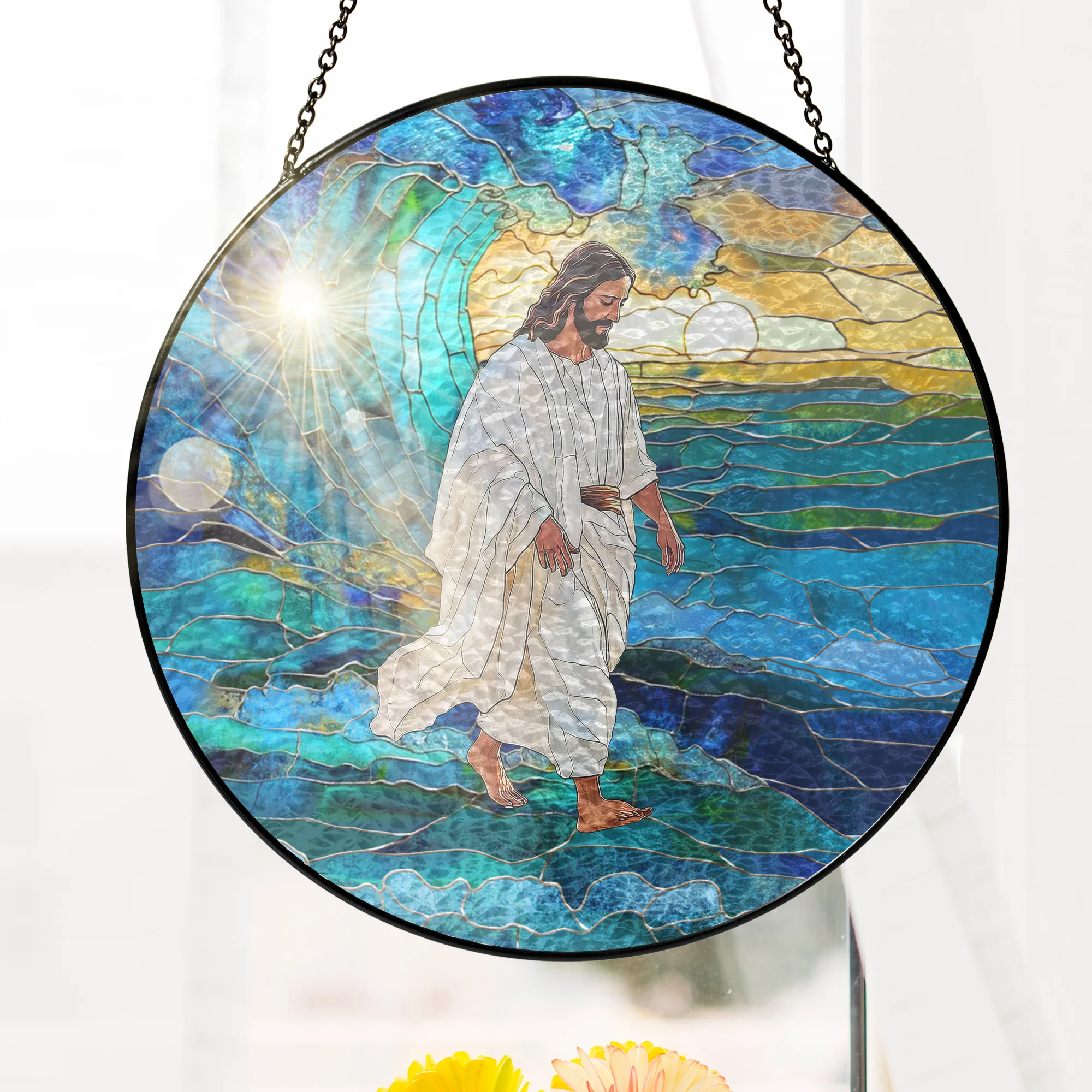 Jesus Christ Stained Glass Suncatcher – Inspirational Handcrafted Religious Window Decor for Evergreen Spiritual Home and Gift 3-Day Shipping