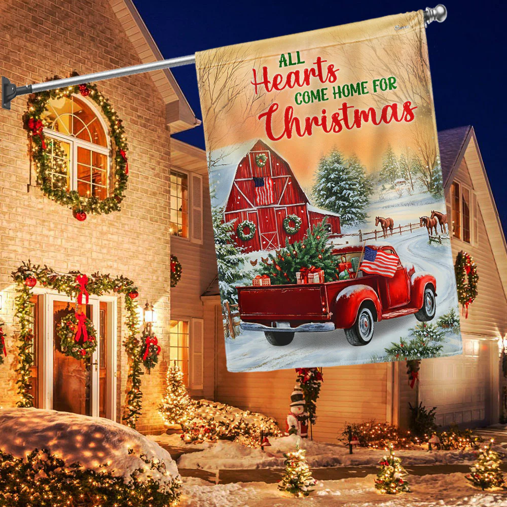Farmhouse Red Truck All Hearts Come Home For Christmas American Flag