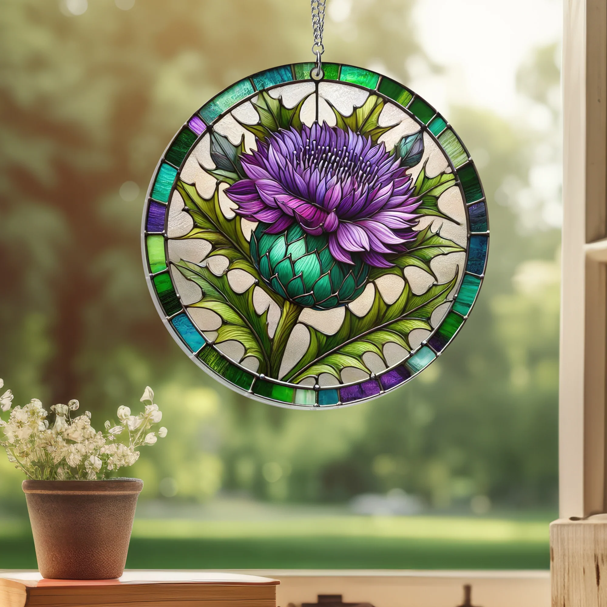 Purple Thistles Flower Suncatcher Acrylic Hanging Sign