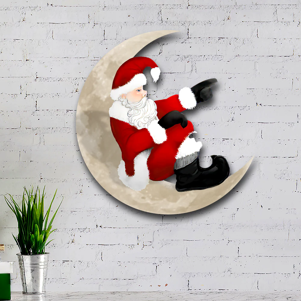 Santa Claus On The Moon Hanging Metal Sign, Christmas Decor