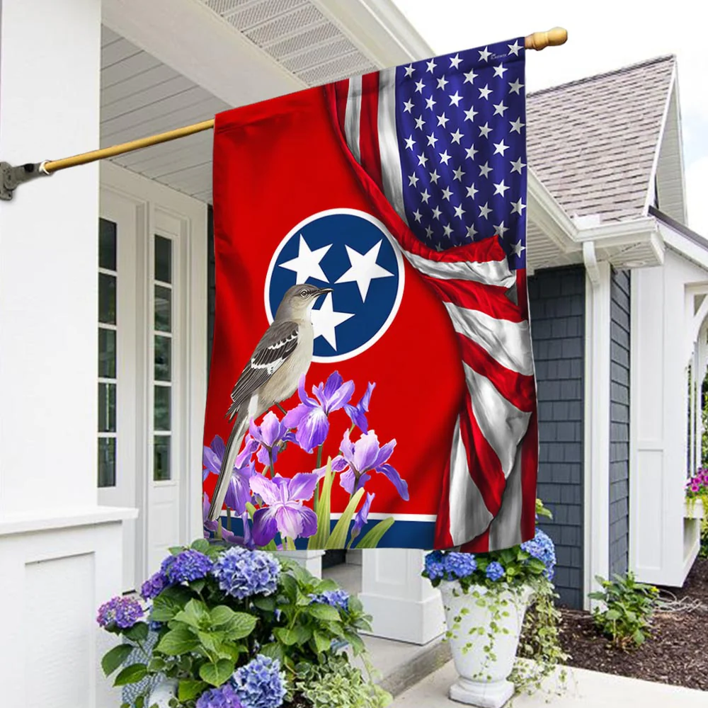 Bimipi American Flag - Tennessee State With Mocking Bird and Iris Flower, Tennessee American Flag