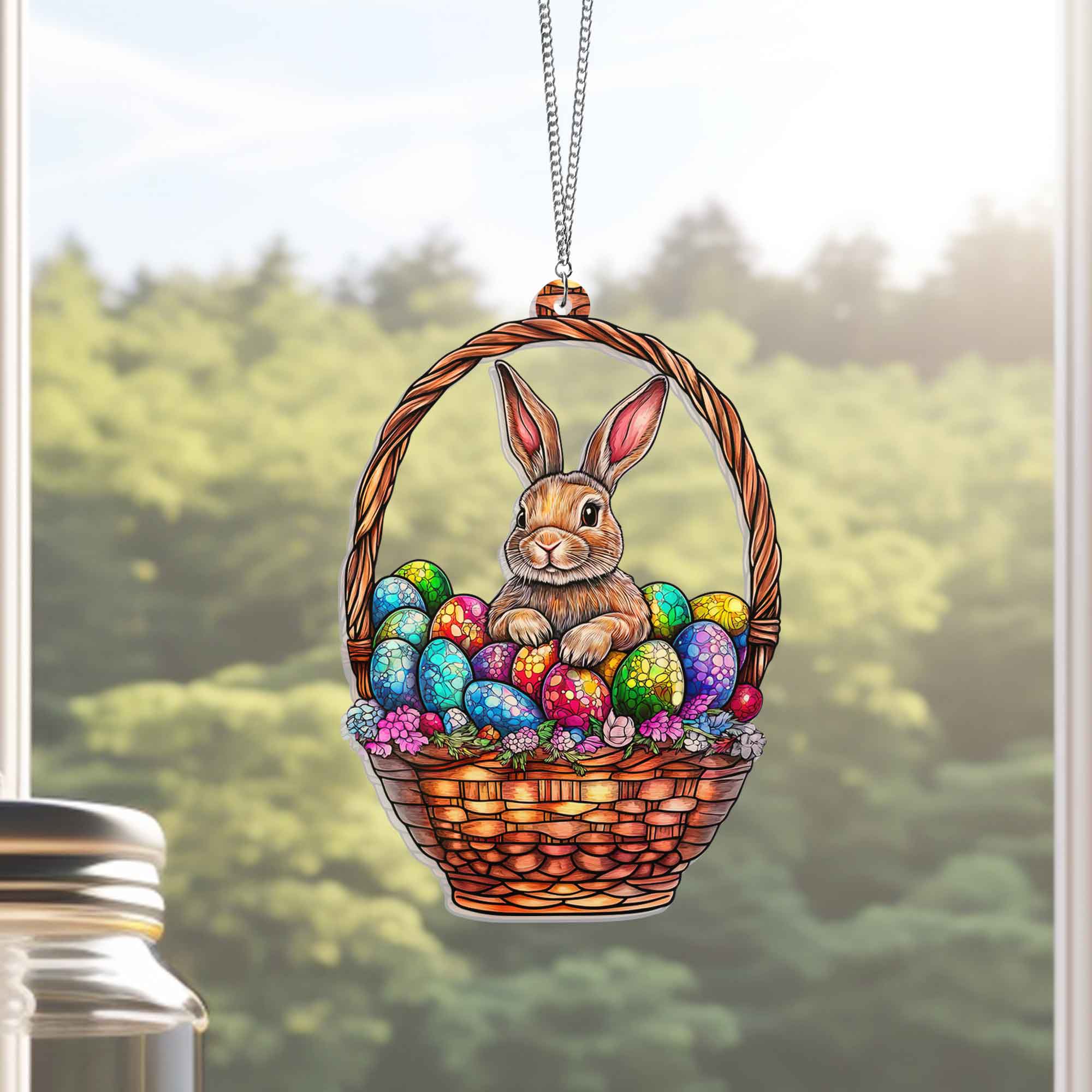 Rabbit in Egg Basket  Suncatcher Acrylic Window Hanging
