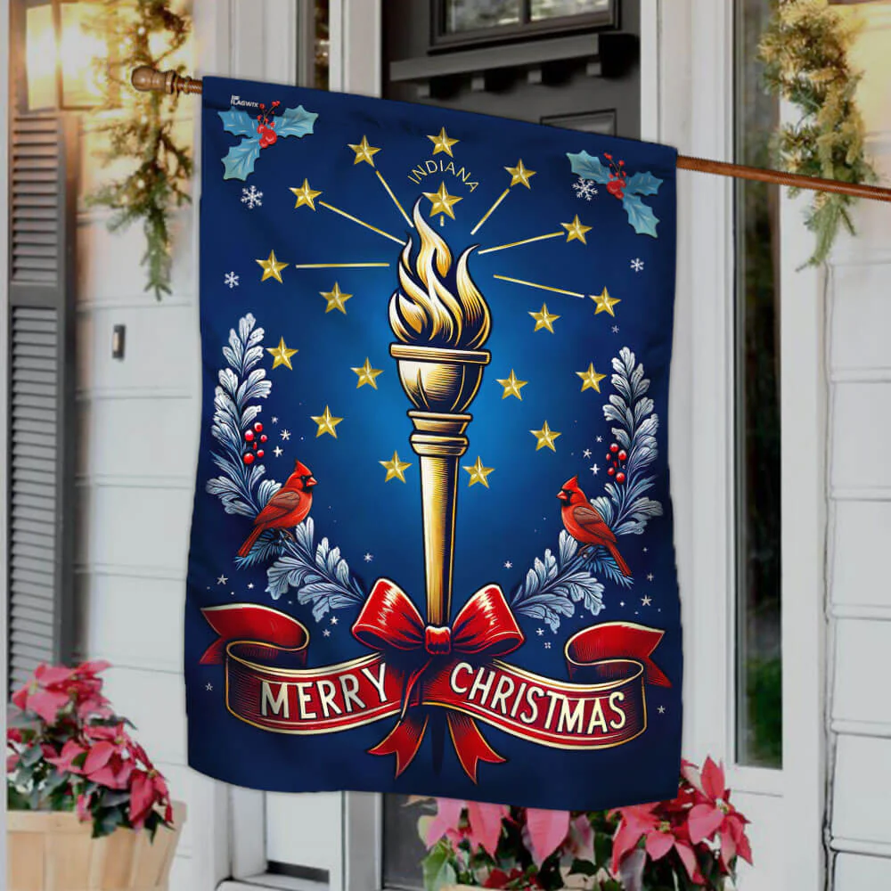 Indiana Merry Christmas Torch and Stars Flag