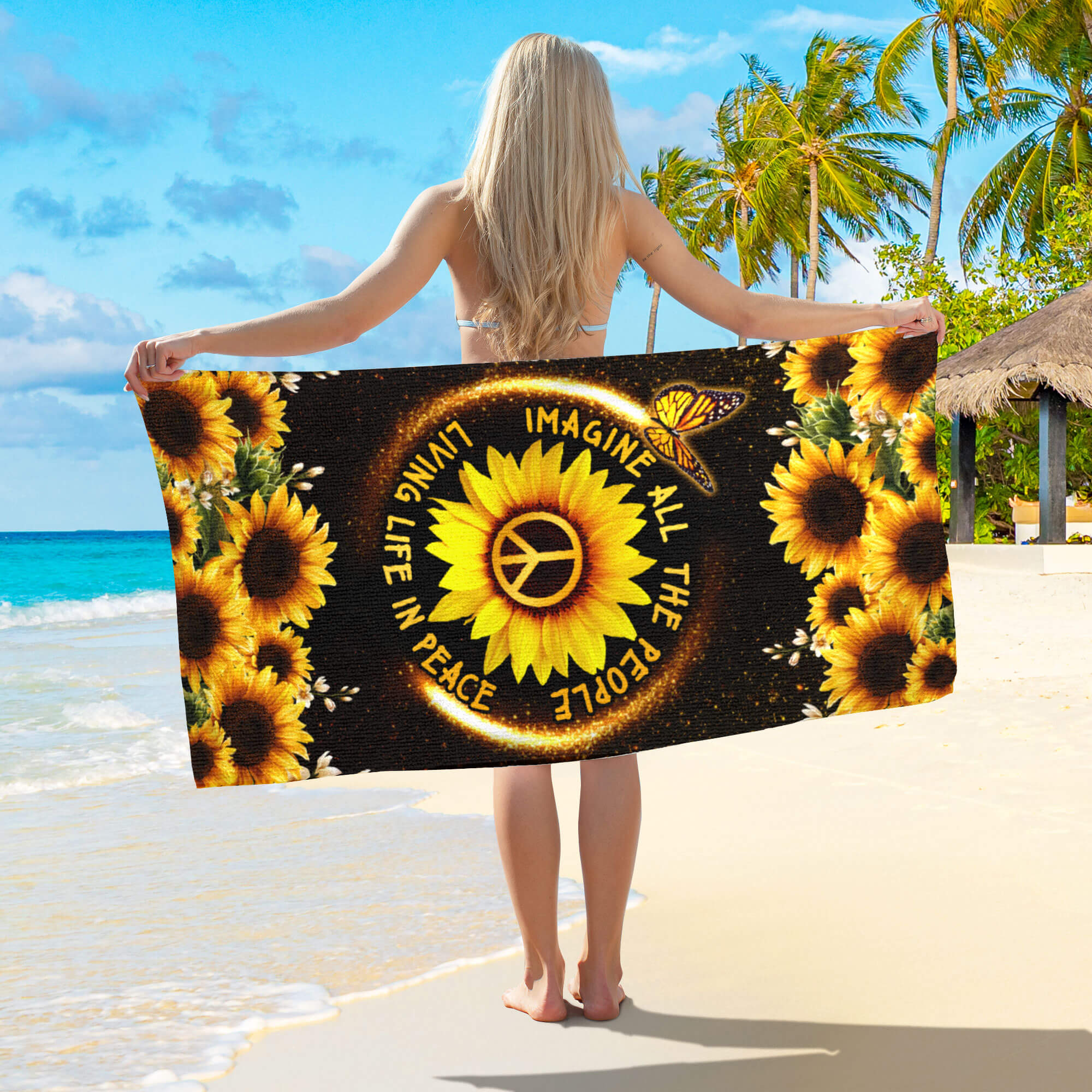 Hippie Sunflower. Imagine All The People Living Life In Peace Beach Towel