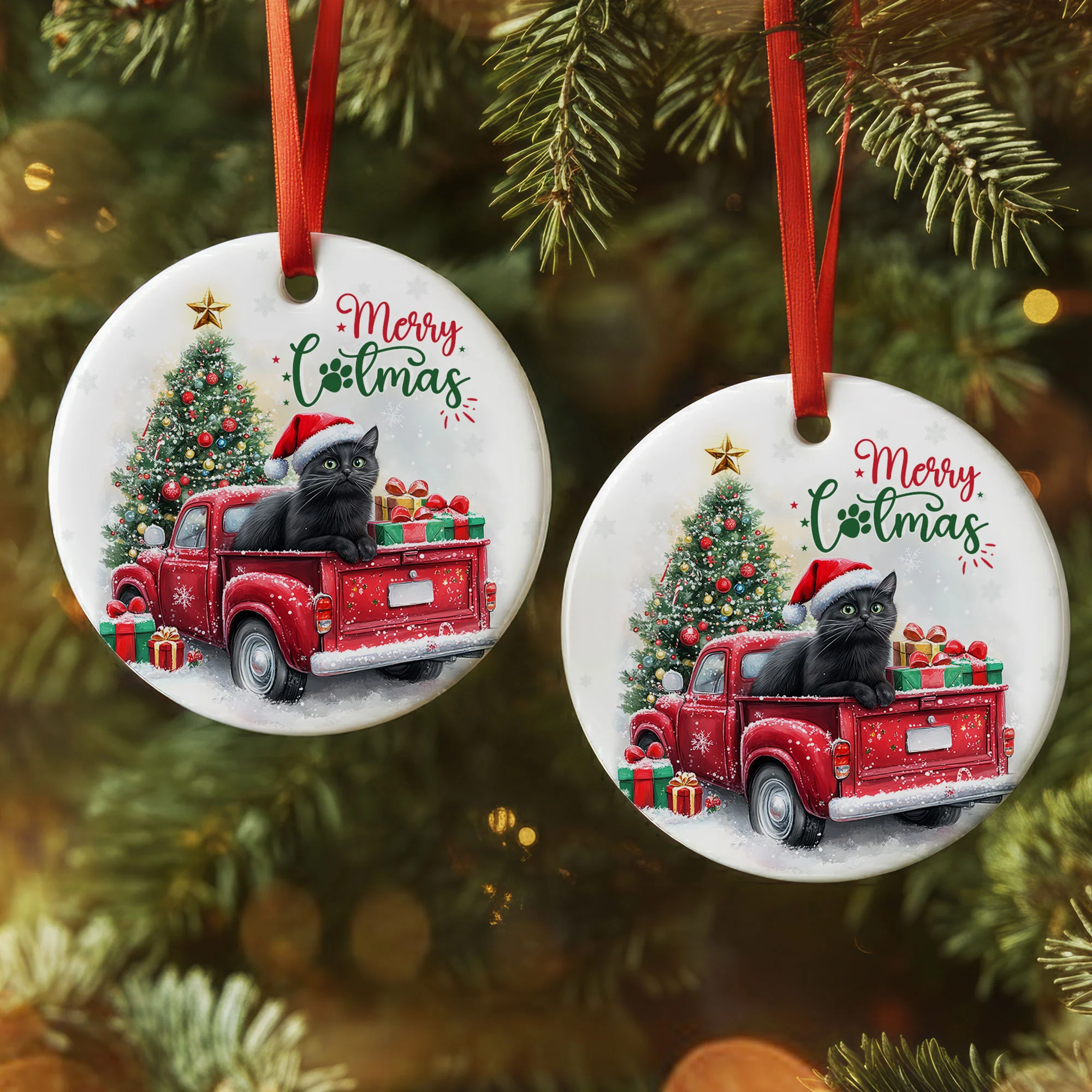 Merry Catmas Ceramic Ornament | Bombay Cat Christmas Decor for Cat Lovers