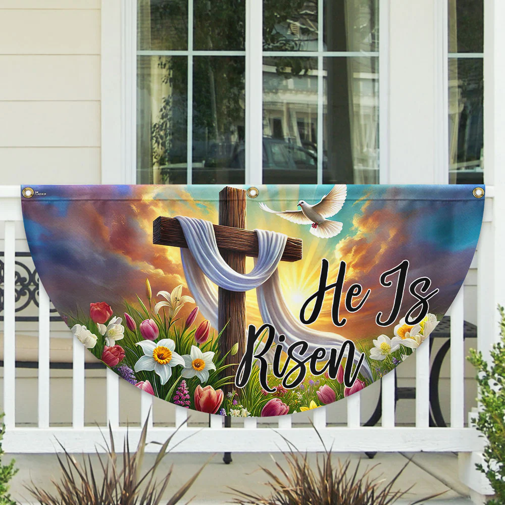 Christian Cross Easter Day He Is Risen Non-Pleated Fan Flag