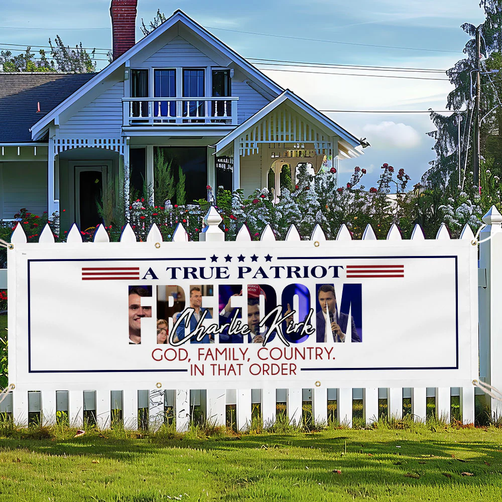 Charlie Kirk Tribute Fence Banner God Family Country
