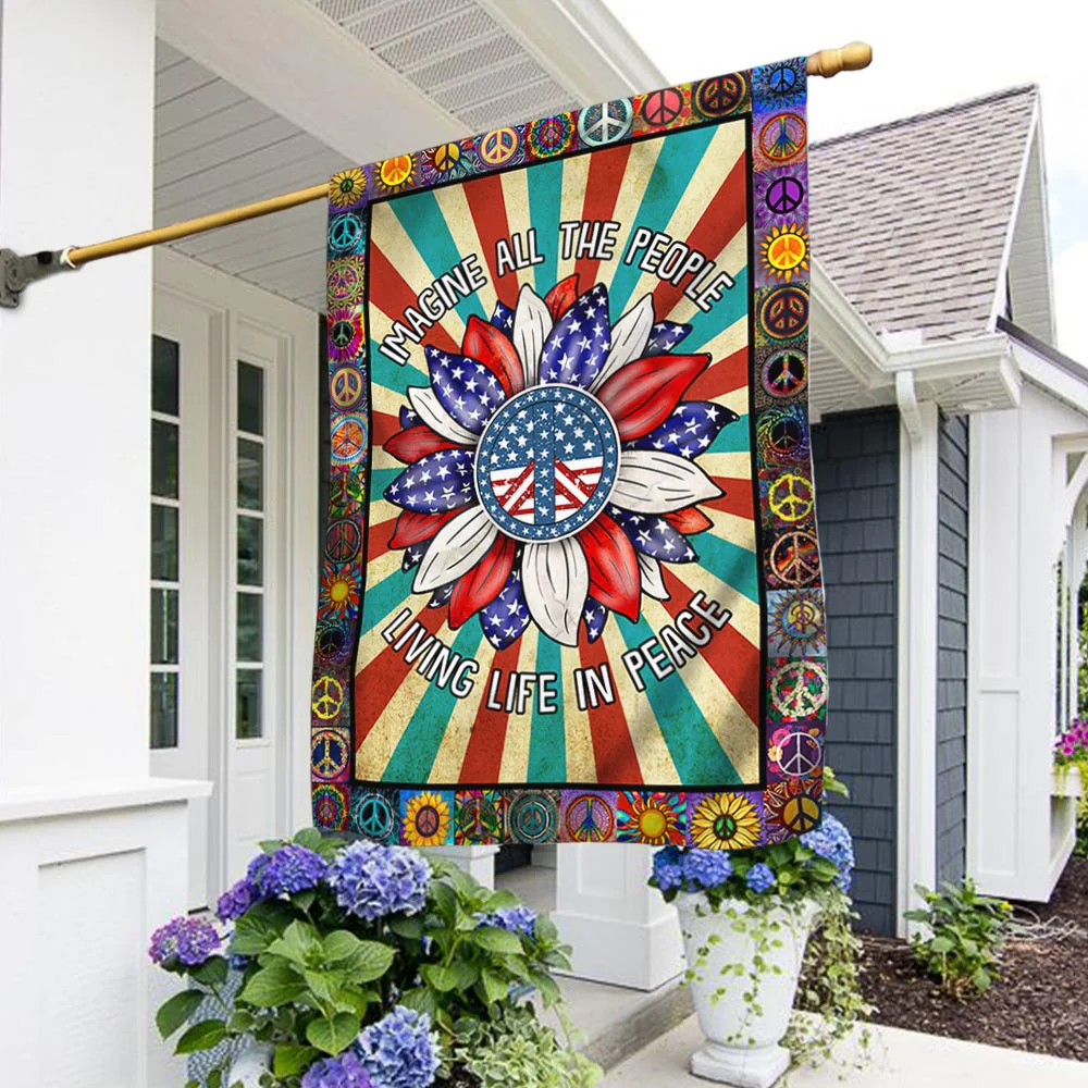 Hippie Peace Sign American Flag Imagine All The People Living Life In Peace