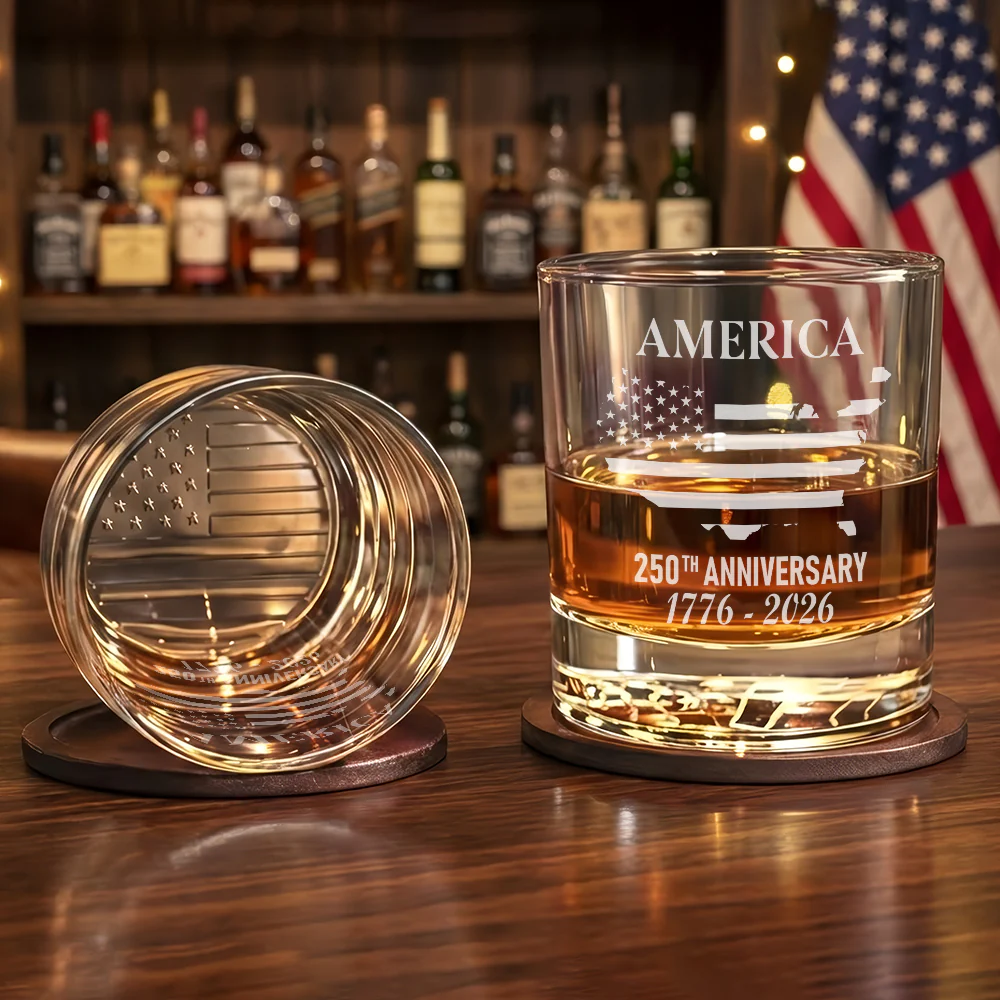 250th Anniversary 1776 2026 Whiskey Glass with Engraved American Flag