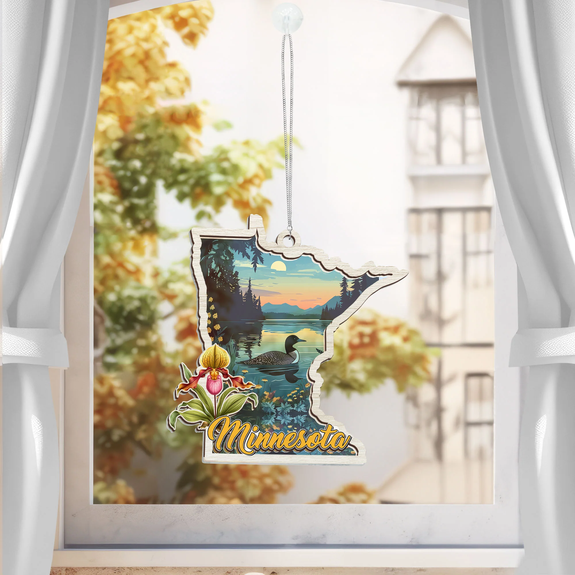 Minnesota State, Lady’s Slipper Flower and Loon Minnesota 2 Layered Hanging Suncatcher