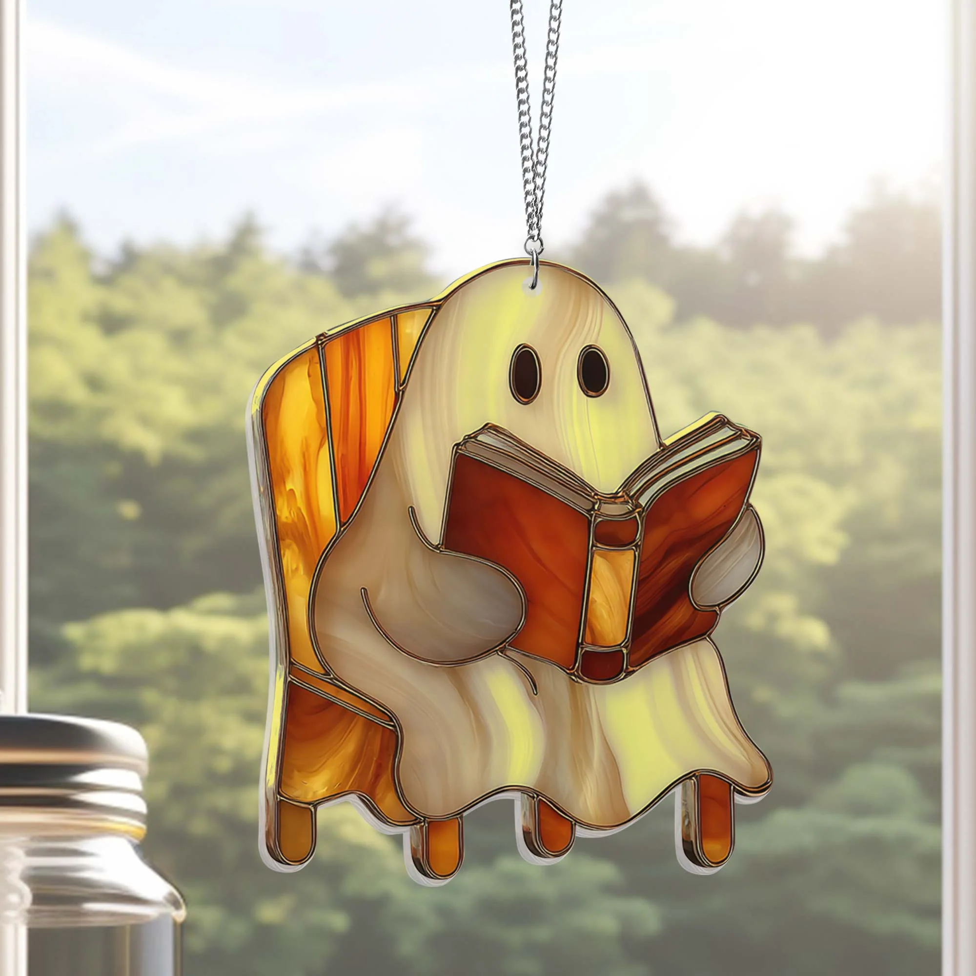 Halloween Ghost Reading Book Acrylic Suncatcher -  Cute Window Hanging for Spooky Home Decor