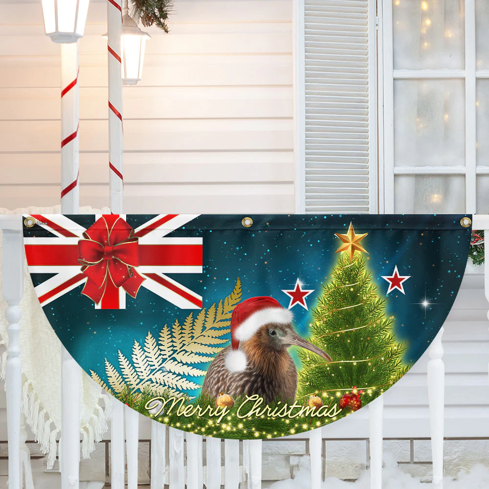 New Zealand Christmas Kiwi Bird and Fern Non-Pleated Fan Flag