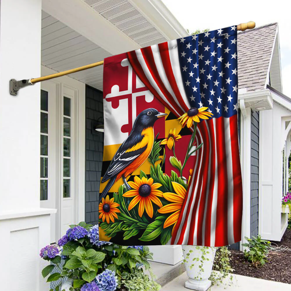 Maryland Baltimore Oriole Bird and Black-eyed Susan Flower American Flag
