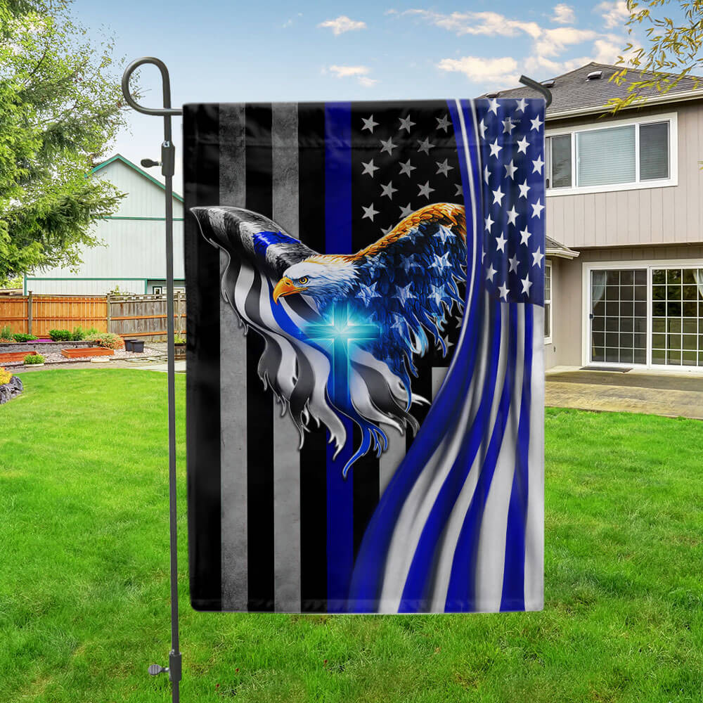 The Thin Blue Line Eagle With Christian Cross American Flag