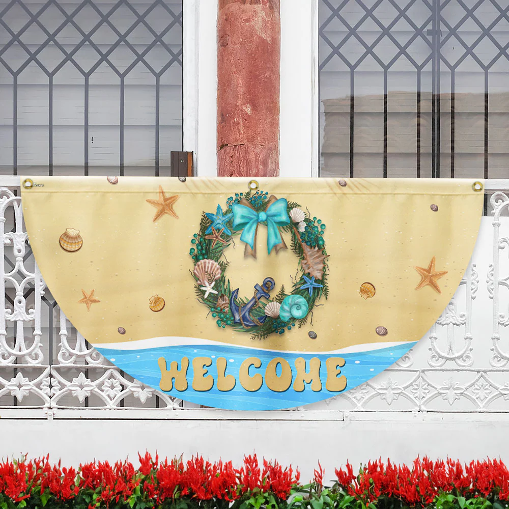 Welcome Summer Flag Coastal Beach Wreath Non-Pleated Fan Flag