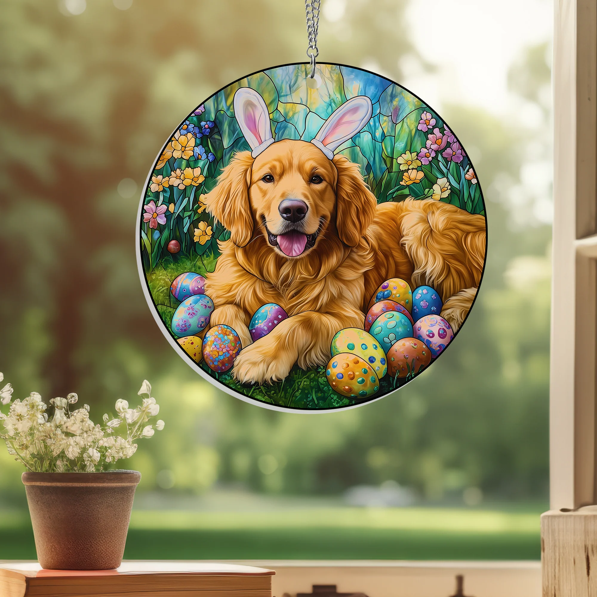 Golden Retriever Easter Egg Hunt Acrylic Suncatcher Window Hanging